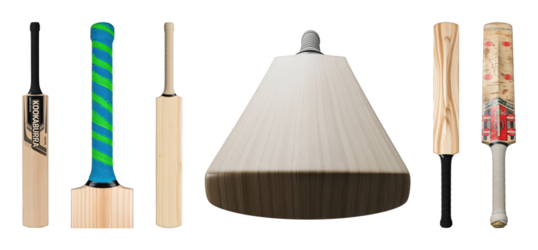 Cricket bat set including new and used models, various grips, and wood grain isolated. Sport equipment collection.