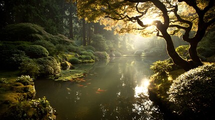 Peaceful serenity radiates from a tranquil garden pond, bathed in the soft morning light, showcasing lush greenery and ancient trees.