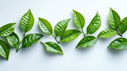 Obraz premium Fresh green tea leaves arranged on white background creating natural organic image