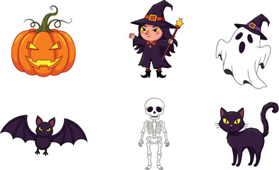 Cartoon Halloween Characters Set with Pumpkin, Witch, Ghost, Bat, Skeleton, and Black Cat in Fun Spooky Style Vector Illustration
