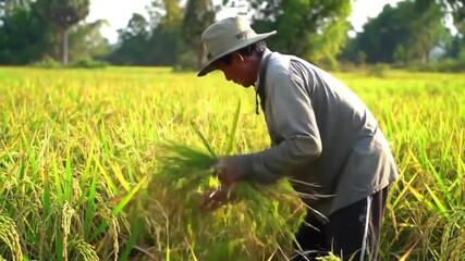 Wide shot of a farmer harvesting rice manually in a lush green field — full body and entire field clearly visible in frame - Powered by Adobe