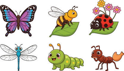 Cartoon Insects Collection with Butterfly, Bee, Ladybug, Dragonfly, Caterpillar, Ant on Leaves – Fun Vector for Kids Education Design