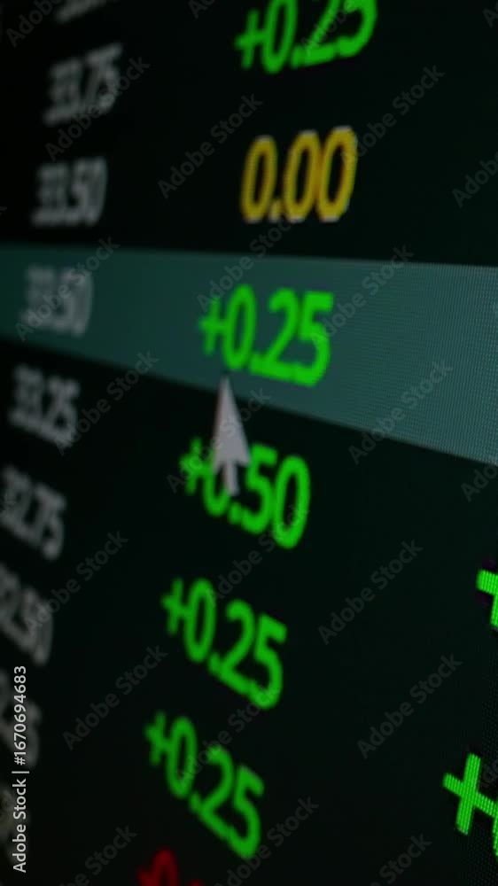 Poster closeup macro shot movement of stock exchange board, trader monitor led screen, analyzing data and t
