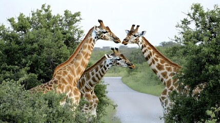 Obraz premium Three Giraffes Meeting at Rural Road, African Savanna Wildlife Photography