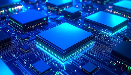 Fototapeta premium A detailed close-up view of complex computer circuitry with highlighted blue and green components.