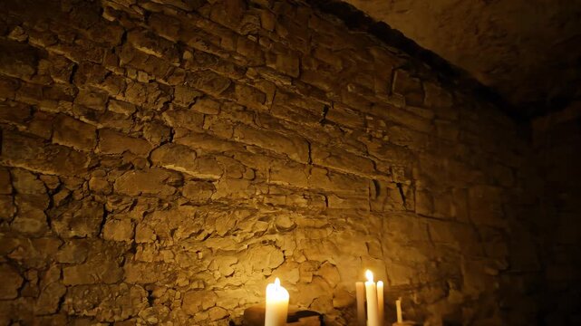 Candlelight revealing weathered stone wall surfaces inside shadowy underground chamber, casting enigmatic shadows