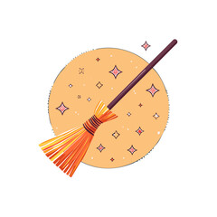 Whimsical witch's broom flies across starry night sky with a large moon