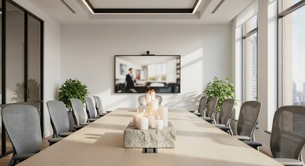 Modern Corporate Boardroom Interior with Large Table, Chairs, and Decorative Candles