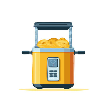 Modern yellow deep fryer appliance with food inside, essential kitchen equipment for home cooking