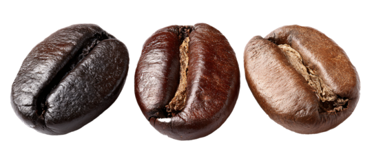 Image of coffee beans separated into dark roast, medium roast, and light roast. Ai generate.	
