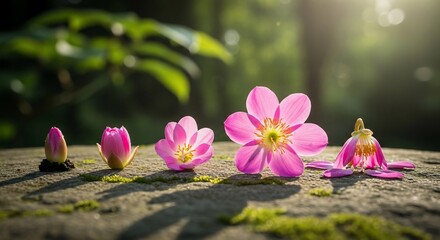 Depicting the Life Cycle of Pink Blossoms Under Sunlight and in Natural Context