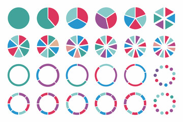 Pie chart set, circle icons and circle diagram. Pie chart divided Circle diagram collection. Segmented circle infographic, data analysis, web design, ui or presentation. Vector illustration.