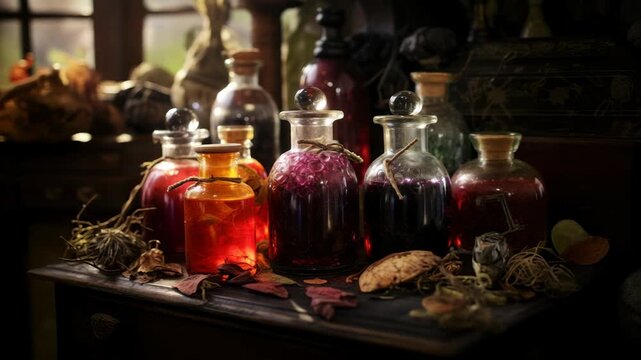 A mystical still life video concept with colorful potion bottles on a wooden table. Captured at eye level, evoking a magical, vintage atmosphere. Live desktop wallpaper.