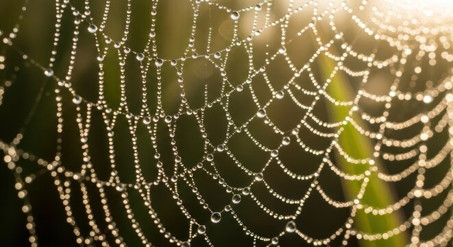 Spiderweb with water droplets glistening in the sunlight