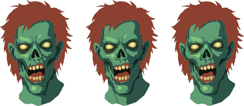 Zombie head vector set with green skin and glowing eyes in horror style for Halloween design