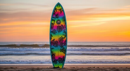 Surfboard at beach with tropical design against sunset seaside view