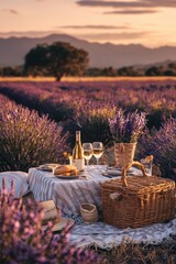 Summer picnic with wine and cheese in the lavender field, outdoors, sunset light, Generative AI, nature