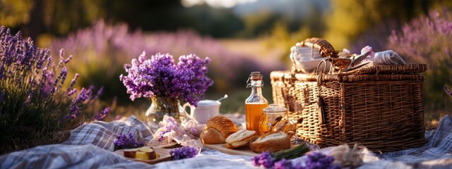 Summer picnic with wine and cheese in the lavender field, outdoors, sunset light, Generative AI, nature
