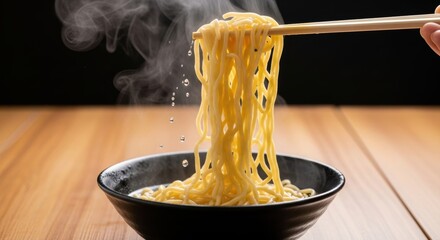 Steaming hot noodles lifted with chopsticks: a warm culinary delight