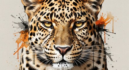 Obraz premium Close up portrait of a majestic leopard with artistic watercolor splashes