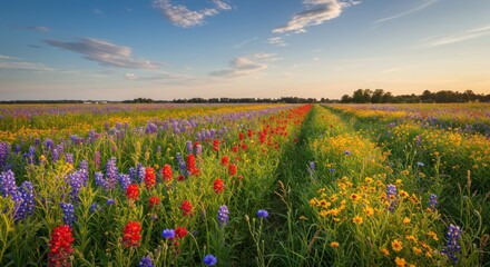 Obraz premium A long brick path through colorful wildflowers under a blue sky