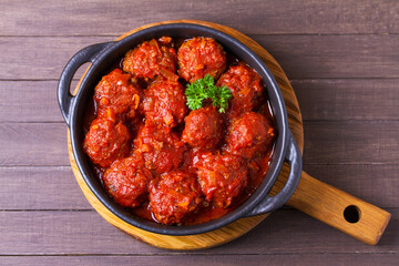 Beef meatballs in tomato sauce. View from above