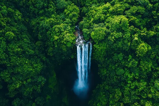 Waterfall is seen in the middle of a lush green forest