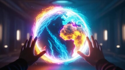 Hands manipulating a glowing, vibrant Earth globe with fiery and icy elements, set in a futuristic, dimly lit environment.