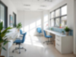 Defocused medical center, clinic, office interior. Light-filled workspace abstract blur effect. Perfect for Zoom backgrounds, websites, blog headers, or digital ads. Clean and professional design