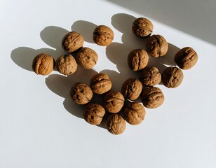 Walnuts arranged on a white surface with strong shadows