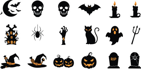 Halloween icons vector set with moon bats skulls candles ghosts pumpkins and spooky elements for festive design