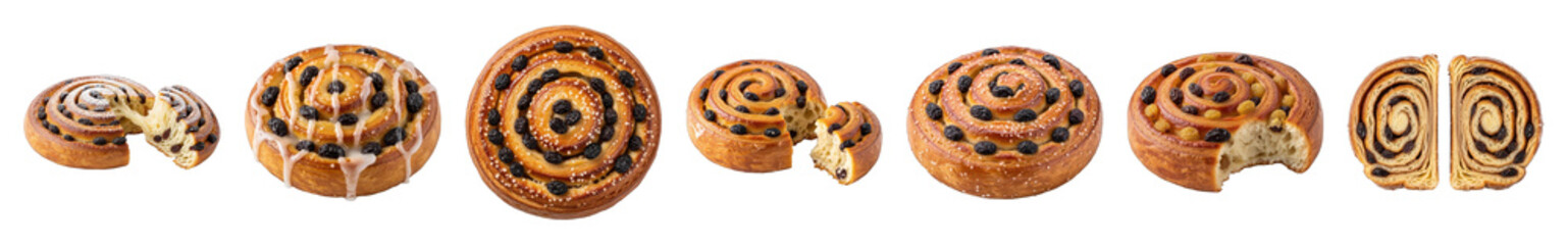 Fototapeta premium Raisin pastry set including whole, cut, iced, and golden raisin variants isolated. Sweet baked goods collection.