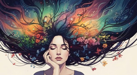 Woman with vibrant colorful thoughts and dreams flowing from her head