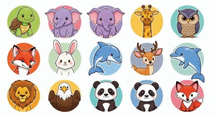 Obraz premium Collection of cute cartoon animals including a unicorn rabbit cat fox dog and panda