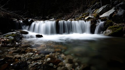 Obraz premium A tranquil waterfall cascades down mossy rocks, creating a serene ambiance in a shadowy woodland setting.