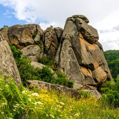 A captivating landscape of large, weathered boulders, adorned with varied textures and hues, nestled amongst lush vegetation and vibrant wildflowers, showcasing a serene and natural scene.