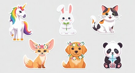 Collection of cute cartoon animals including a unicorn rabbit cat fox dog and panda