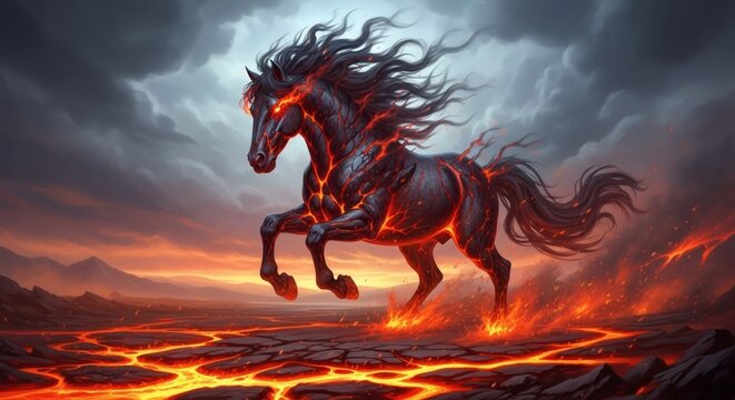 Majestic fiery black horse galloping through a volcanic landscape - Powered by Adobe