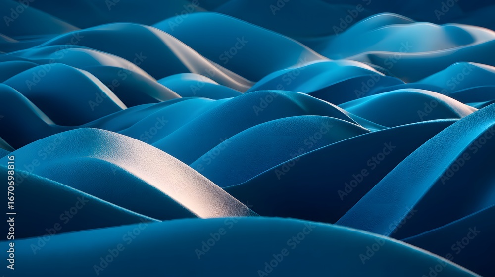 Poster a deep blue abstract design featuring undulating forms, highlighting light and shadow effects.