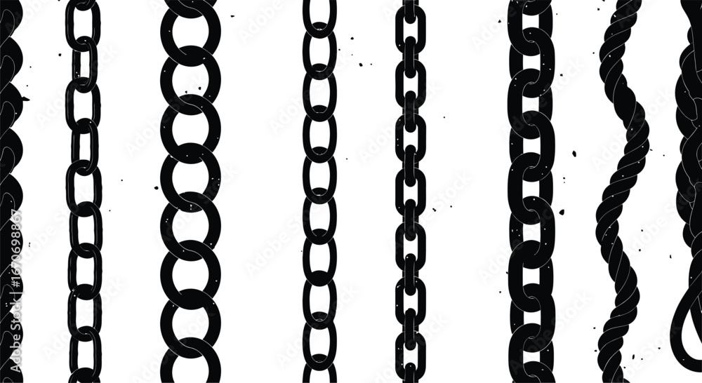 Poster various black chain vector patterns with different link shapes and styles for graphic design and dec