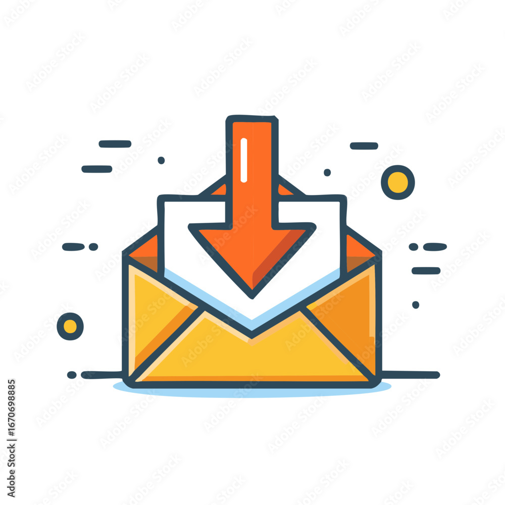 Poster incoming email message notification concept with an open envelope and a downward pointing arrow symb