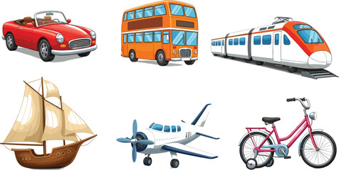 Cartoon Transportation Vehicles Set Featuring Car, Bus, Train, Ship, Airplane, Bicycle – Fun Travel and Transport Vector Illustration