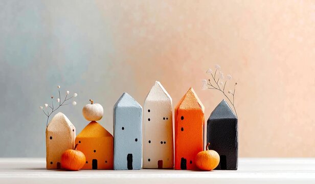 Footage of tiny Halloween village miniature, bright tones color palette, minimal, perfect for website banners and seasonal ads, Halloween Festival Celebration