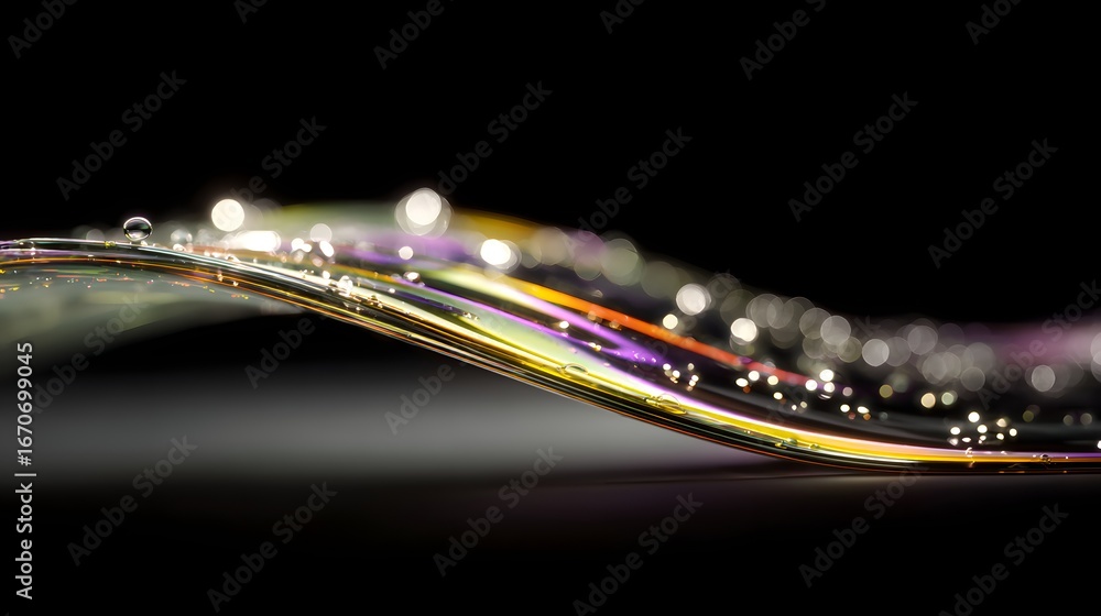 Poster abstract liquid form with iridescent hues and sparkling details curves elegantly across a dark backg