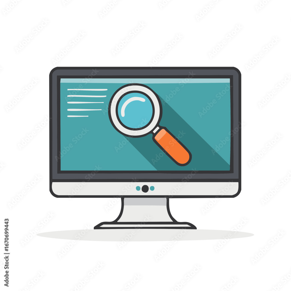 Poster computer screen with magnifying glass searching for information