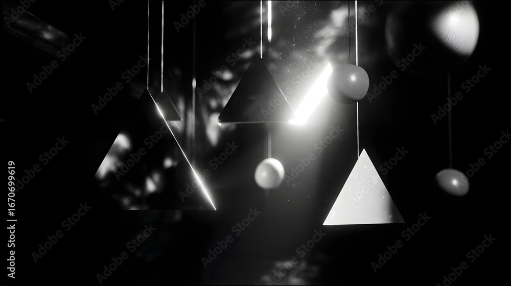 Poster geometric shapes, suspended in a dark space, illuminated by a central light source, create a mesmeri