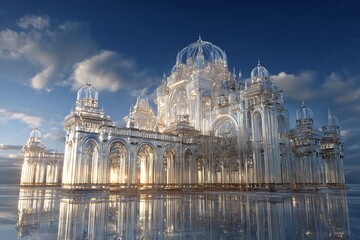 Stunning glass palace reflecting sunset light, evoking wonder and architectural elegance for luxury travel or fantasy concepts