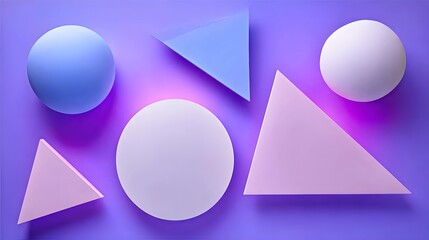 Geometric shapes of pastel colors arranged on a vibrant purple background create a visually appealing design.