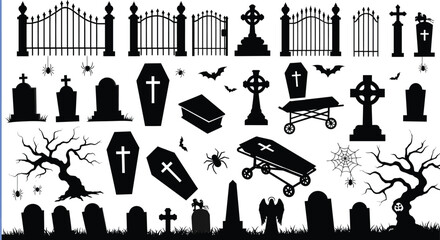 Halloween cemetery silhouette vector set with gates crosses tombstones coffins spiders bats and spooky trees