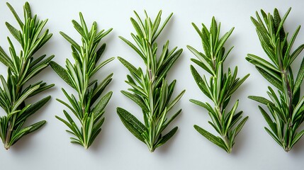 Fototapeta premium Fresh rosemary sprigs arranged in a row on a white background a culinary photo.